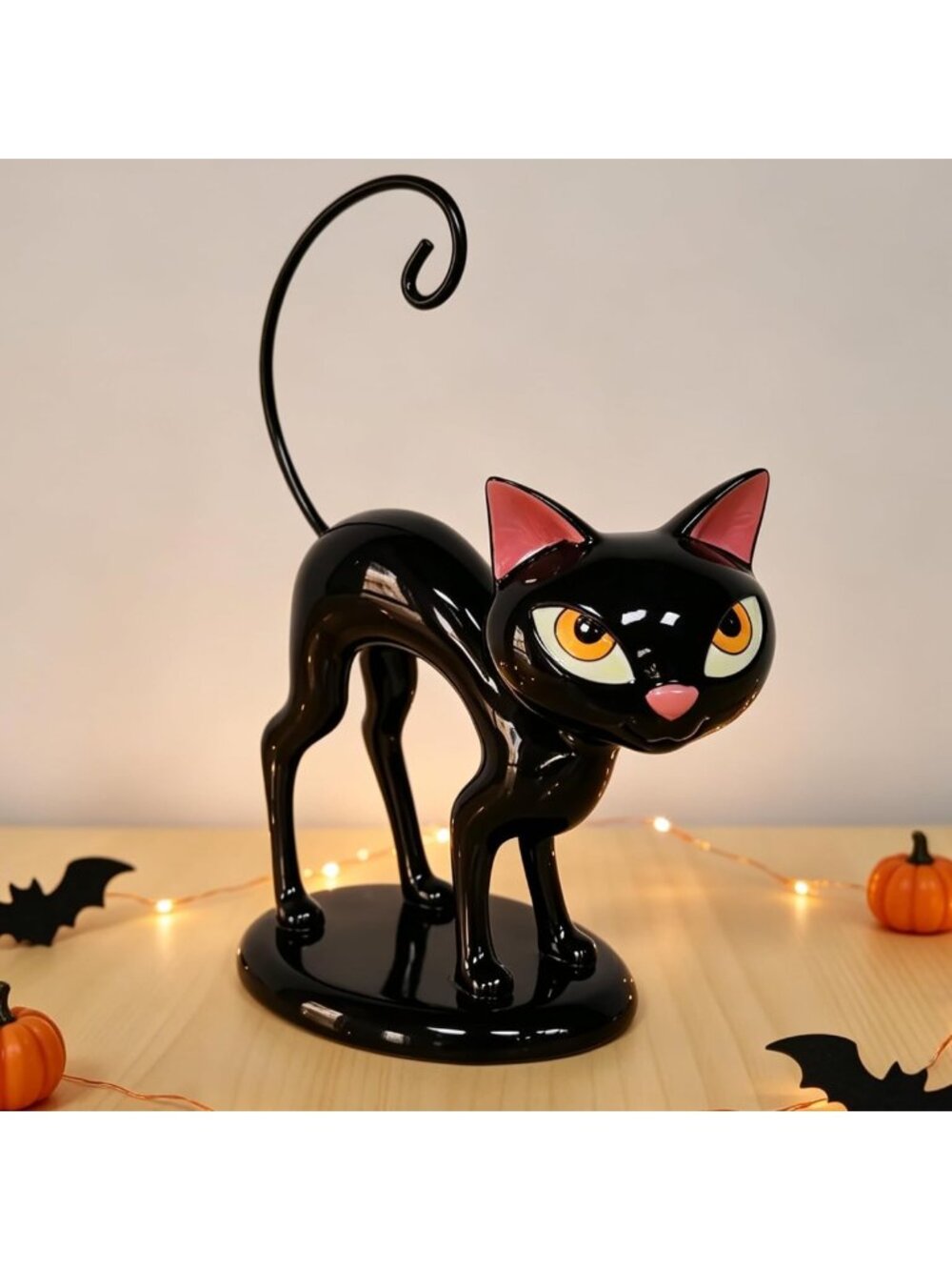 Vintage Mid-Century Halloween Black Cat Statue - 9" Decorative Home Accent